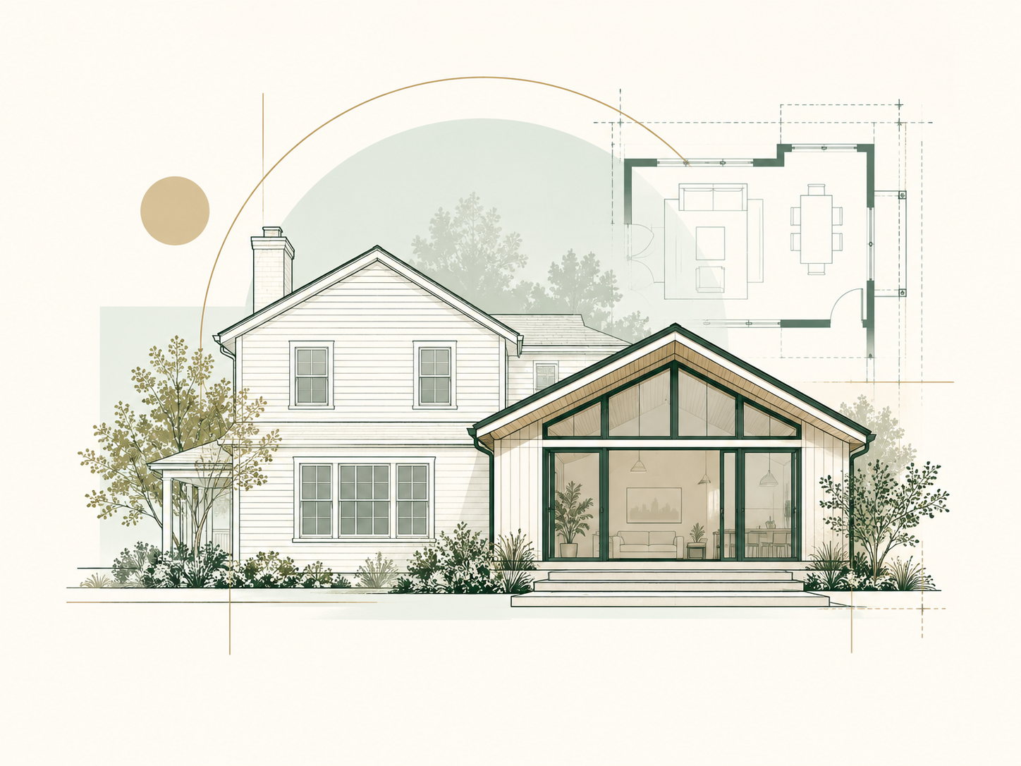 Room addition graphic showing expanded living space connected to an existing home.